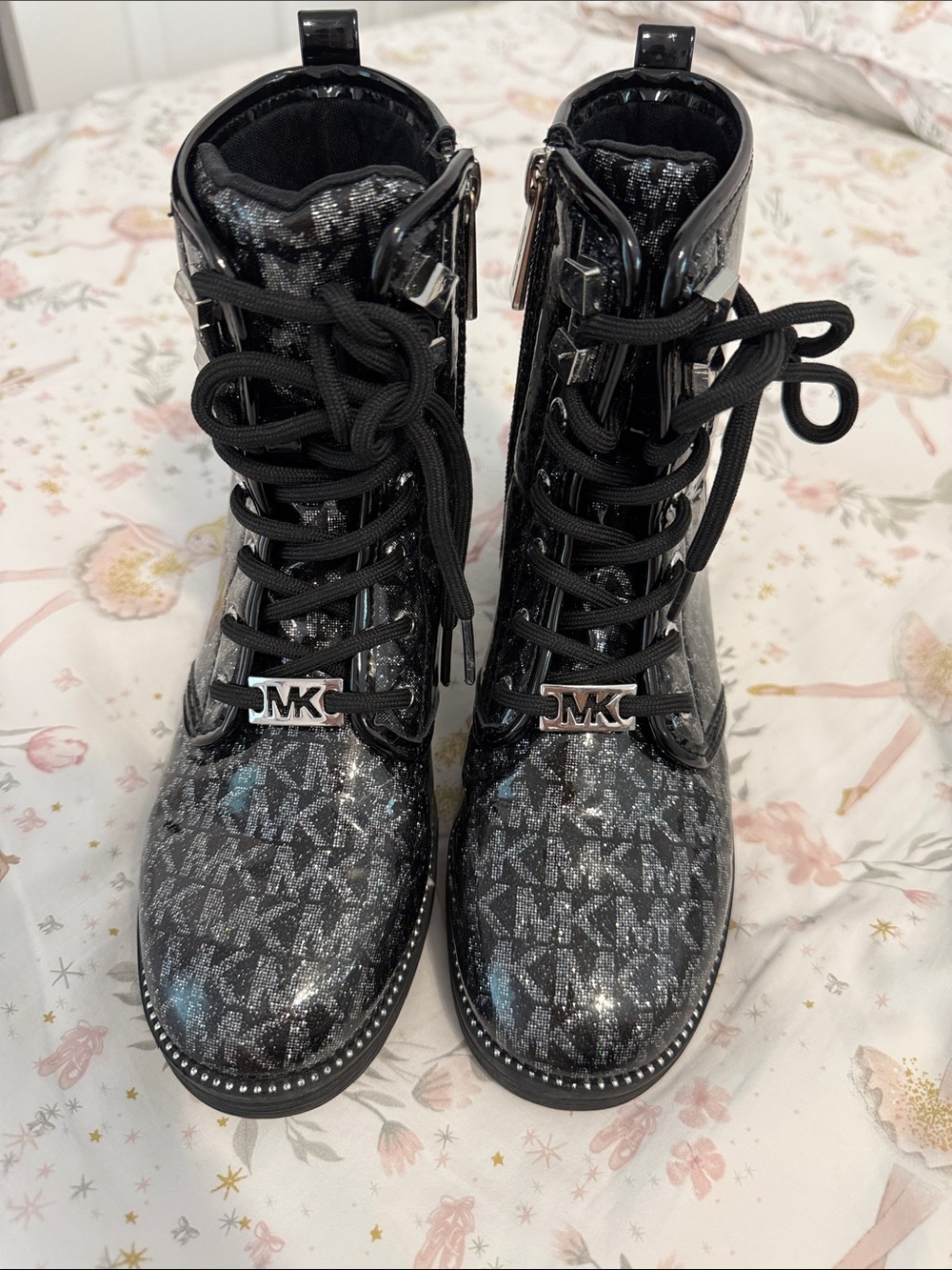 Michael Kors Black Glitter MK Lace-Up Combat Boots